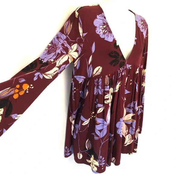 FREE PEOPLE Bella Floral Maroon Babydoll Tunic Top - Picture 5 of 9